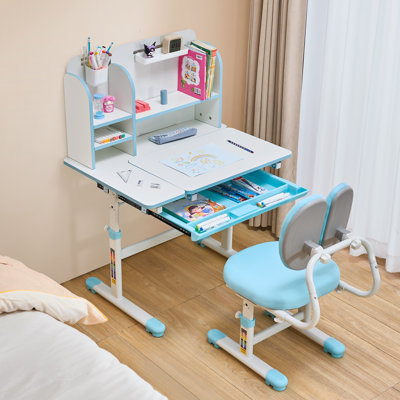 Kids Study Chair and Desk with Bookshelf & Drawer Height Adjustable by Zoomie Kids