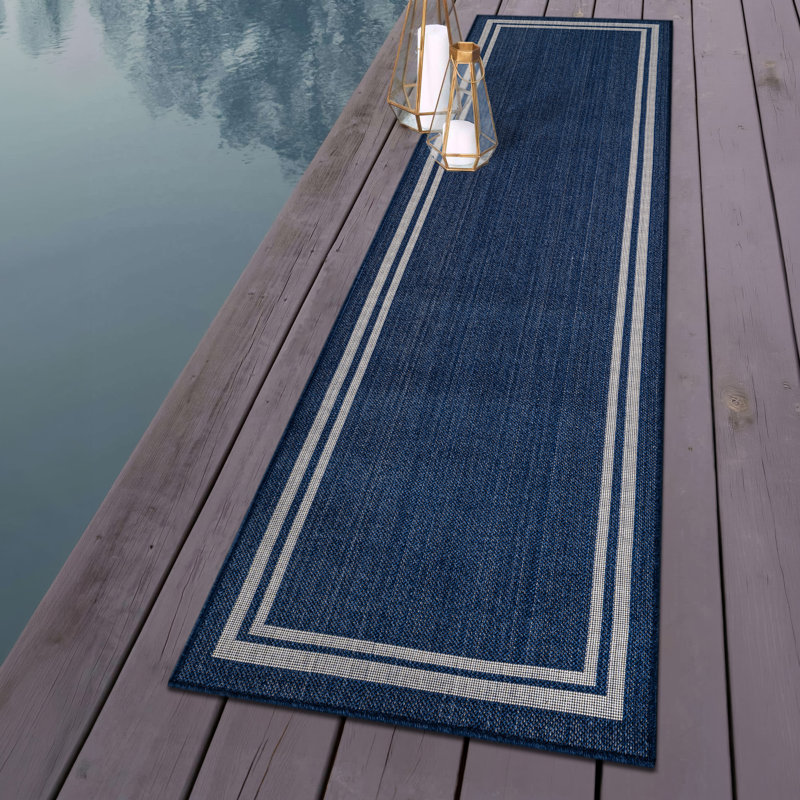Tapis intérieur / extérieur tissé à plat en jute bleu marine / ivoire Border, Marine, Tapis de couloir 2 pi 3 po x 6 pi