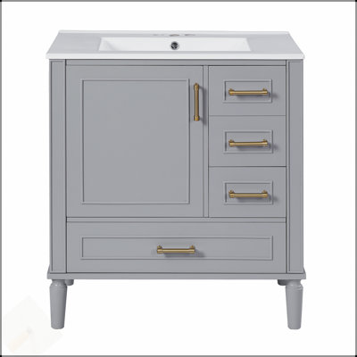 Meuble-lavabo moderne de 30 pouces avec lavabo en céramique, porte à fermeture en douceur, tiroirs multiples et rangement spacieux pour une vie organisée