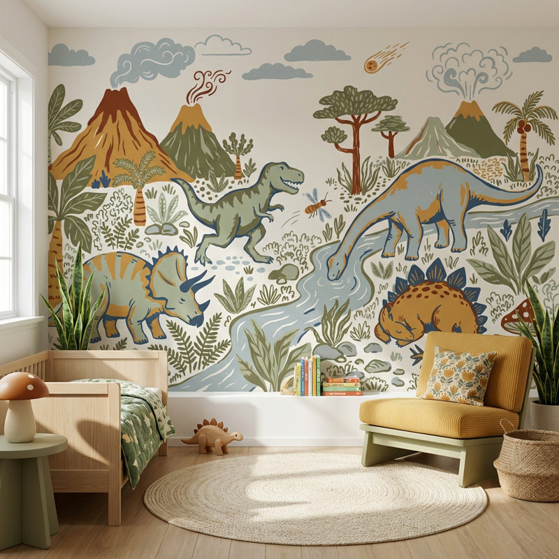 Murale de dinosaures avec volcan préhistorique, 140" x 108", Peler et coller