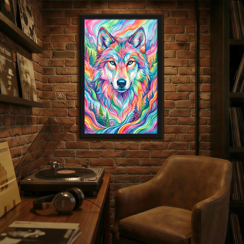 Animaux loup coloré avec fond arc-en-ciel et arbres, H 18 po x l 12 po