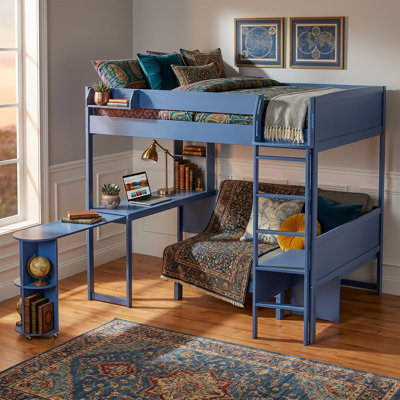 Lit mezzanine en bois pleine grandeur de 97 po avec bureau rotatif en forme de L et canapé rembourré - Tablettes de rangement de chevet et bande lumineuse à DEL - Structure en pin massif - Bleu marine