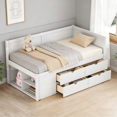 Lit de jour simple avec tiroirs et tablettes, blanc