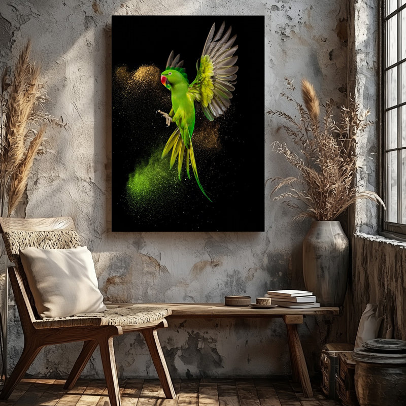 Reproduction d'art sur toile, un perroquet vert vibrant en vol, H 30 po x l 30 po