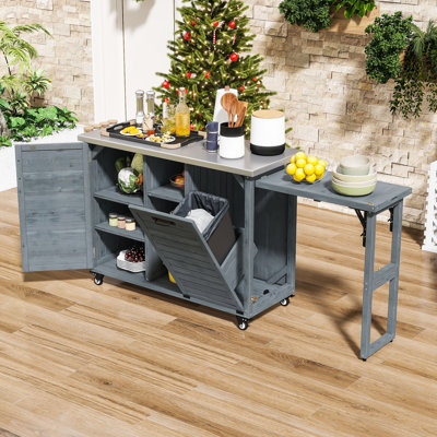 Outdoor Kitchen Island with Expandable Grill Table, Bar Cart with Trash Storage and Stainless Steel Top