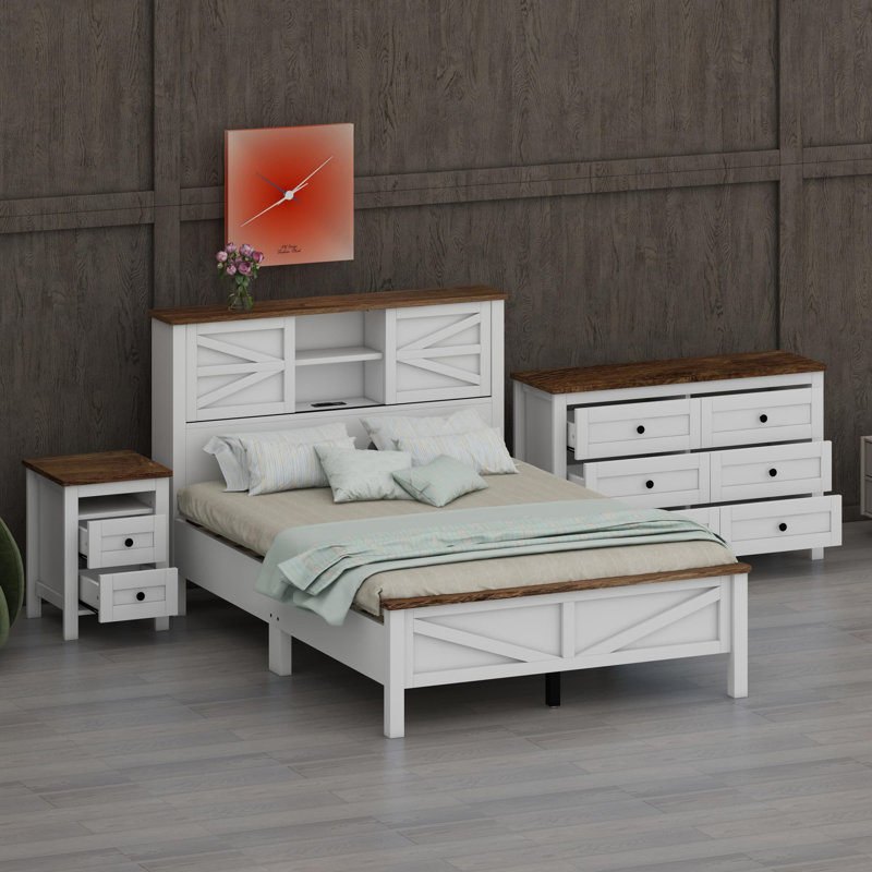 Ensemble de chambre à coucher 3 pièces avec lit plateforme Farmhouse, Blanc / Brun