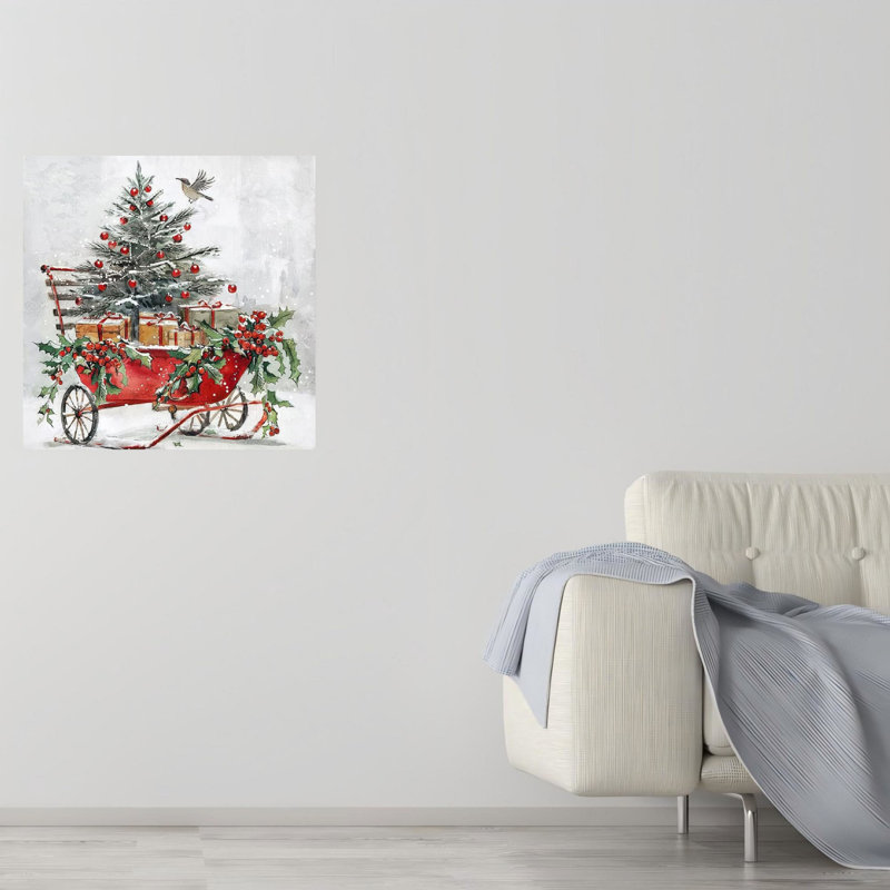 Arbre de Noël rustique et chariot-cadeau, art mural 16 "x 16"