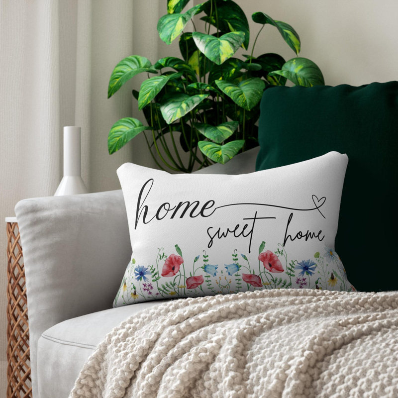 Coussin décoratif Lumabar - Texte «Home Sweet Home Calligraphy» avec aquarelle de fleurs sauvages, Fibre synthétique
