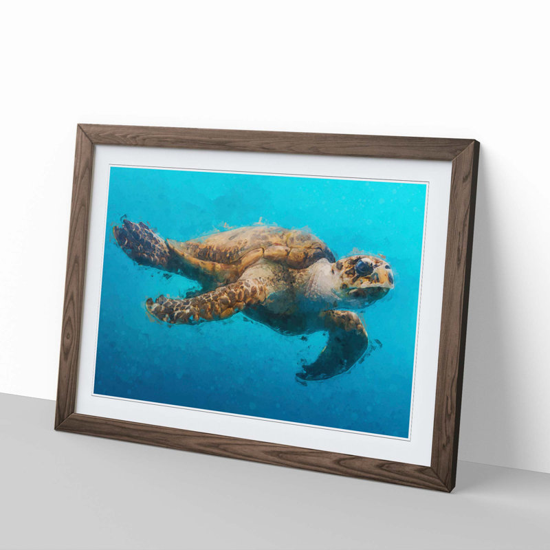 Swimming Sea Turtle in Abstract - Framed Print, 62cm H x 87cm W x 2cm D, Walnut Framed
