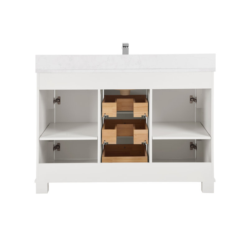 Meuble-lavabo simple 48 po en bois massif avec plateau en marbre d'ingénierie de 1 po, Chrome poli, Blanc