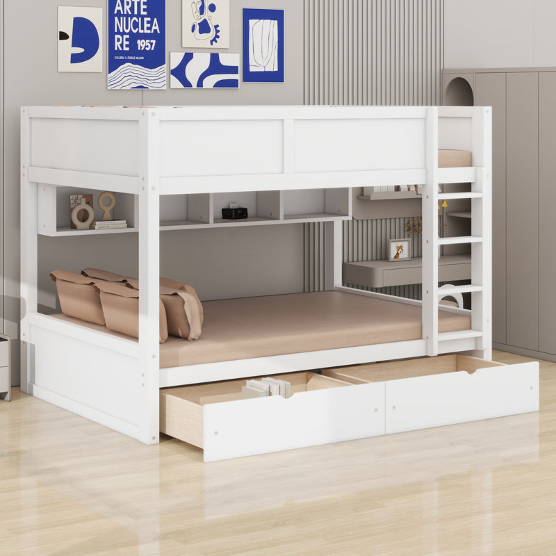 Lit superposé multifonctionnel avec tablettes, lumière DEL et 2 tiroirs de rangement, Blanc