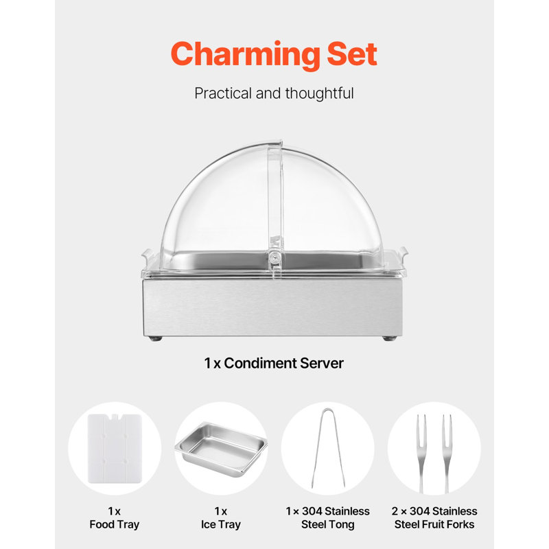 Contenant de présentation de comptoir, 1 plateau de service en acier inoxydable de 1 1/2 po, support de distributeur de condiments avec couvercle transparent et plateau à glaçons