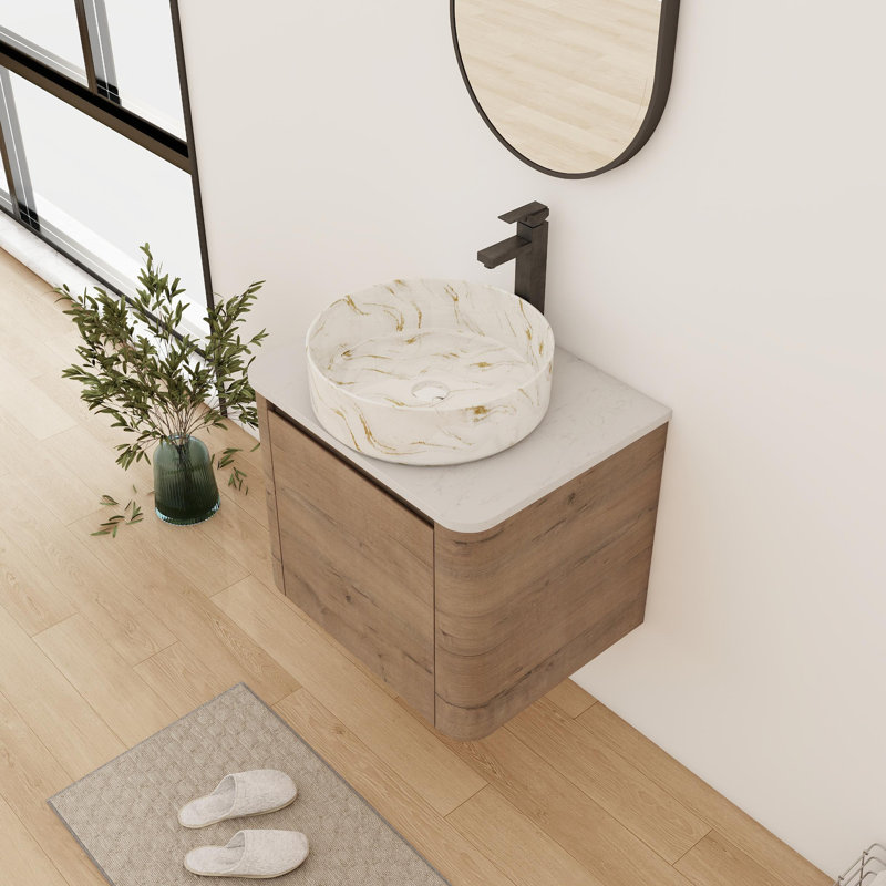 Meuble-lavabo flottant simple 24 po avec comptoir en céramique 24 po, Blanc / doré, Brun, 24"