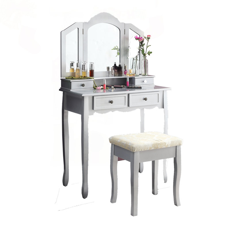 Ensemble de meuble-lavabo élégant en bois avec miroir à 3 panneaux et beaucoup de rangement, Silver