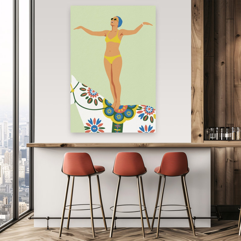 «Woman on Dala Horse Playful Abstract Contemporary Horse Summer Landscape», art mural
