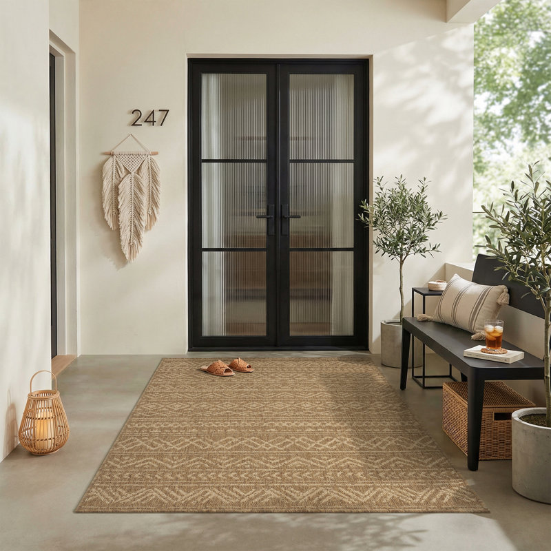 Boho UV-Resistant Woven Indoor/Outdoor Area Rug In Sand Beige, Beige, Rectangle 5' x 7'