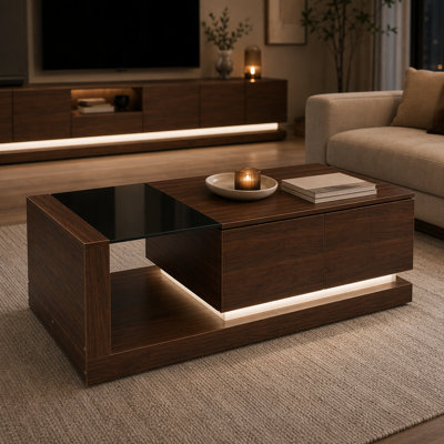 Culver 59.1'' Modern Walnut Coffee Table With 2 Drawers And LED Light