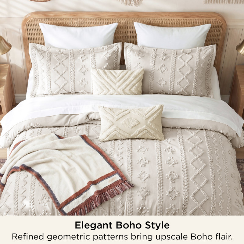 Bedsure King Tufted Boho Comforter Set - Beige Geometric Design, Farmhouse Embroidery, Soft 5-Piece Bedding Set, All Season