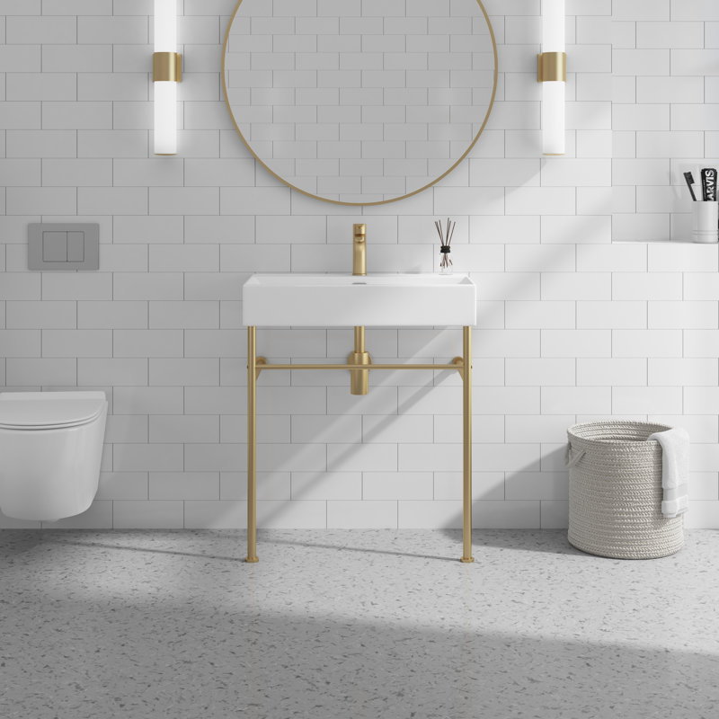 Turner 30" W x 16" D x 35" H Ceramic Rectangular Console Bathroom Sink with Overflow, White/Brushed Gold