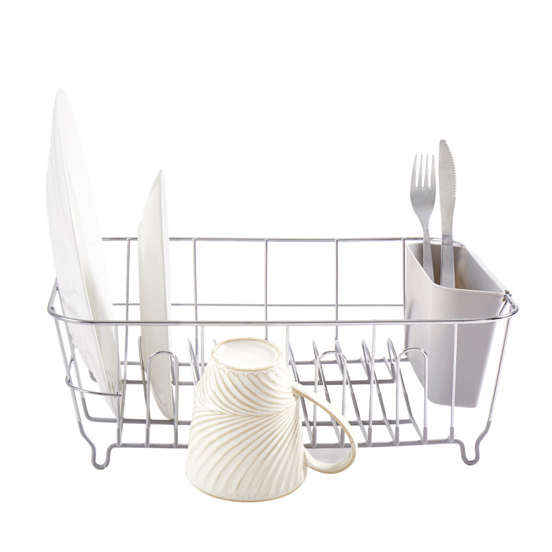 Égouttoir à vaisselle compact en acier chromé 2 pièces avec panier à ustensiles, Argent