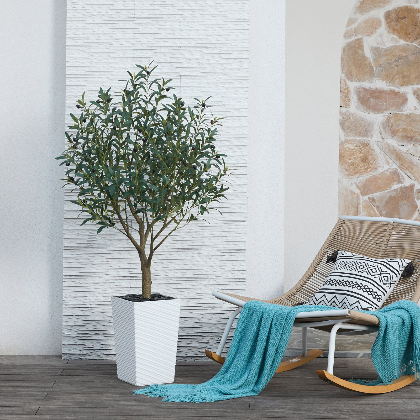 Altera UV Resistant Artificial Olive Tree for Indoor & Outdoor Decor, Large Plastic Base with Pebbles, 60" H x 20" W x 20" D