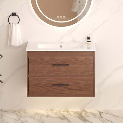 Ensemble de meuble-lavabo mural 30 po à 2 tiroirs, brun rougeâtre