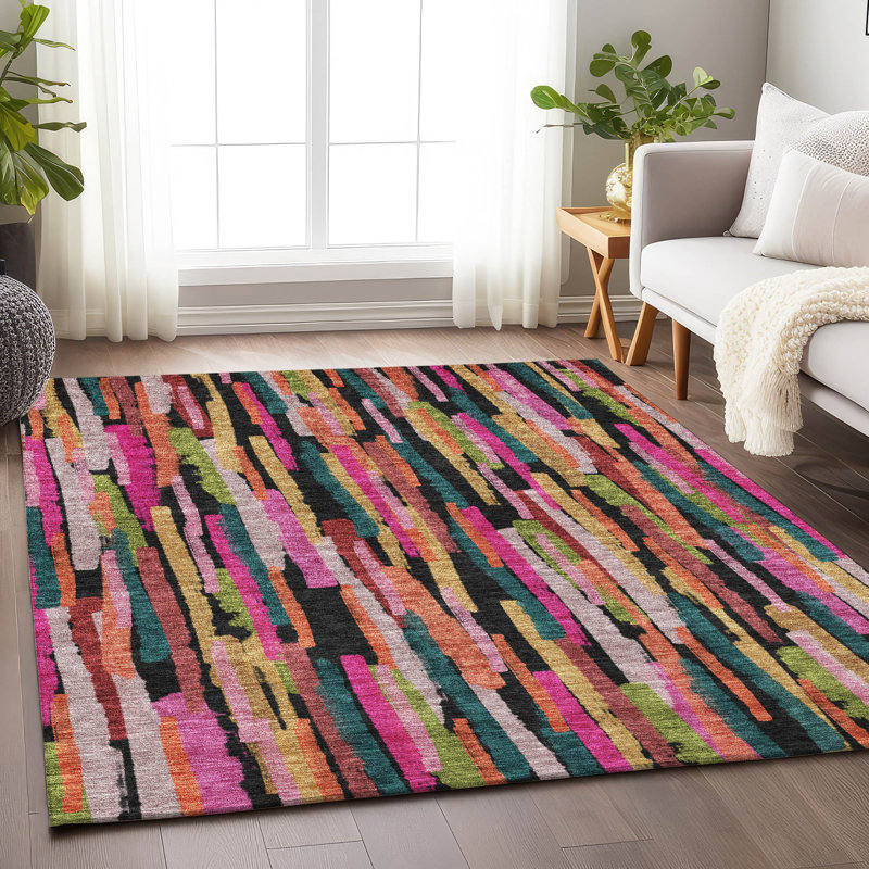 Pink and White Stripe Synthetic Washable Area Rug, 5' x 7'6"
