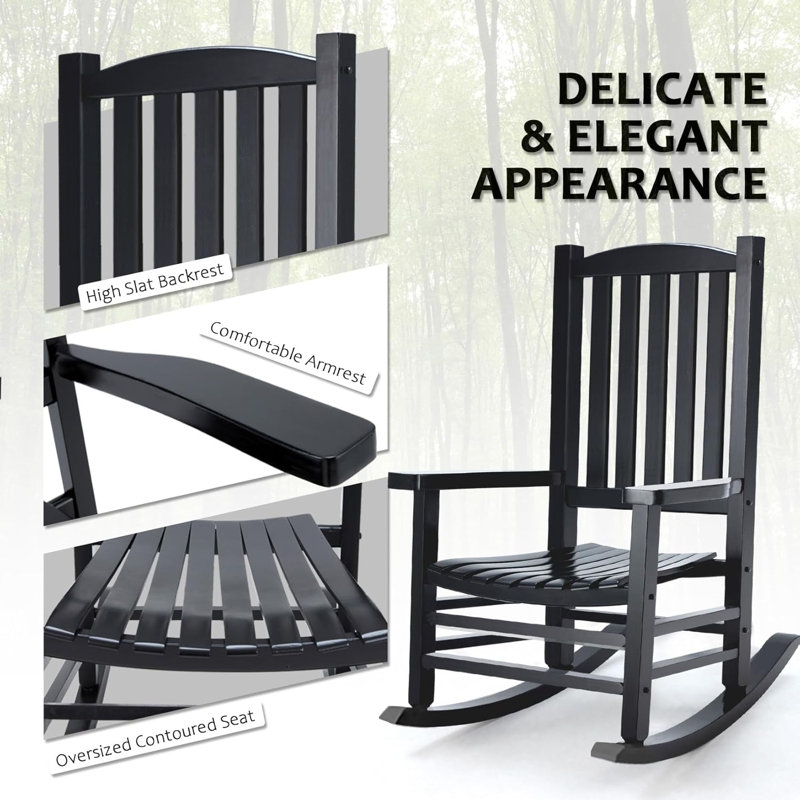Wooden Rocking Chair Outdoor Oversized Porch Rocker Chair,Patio Wooden Rocker With High Back And Armrest,All Weather Rocker Slatted For Backyard,Garden,400 Lbs Support,Black