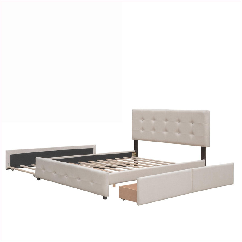 Lit plateforme capitonné et capitonné, revêtement en lin beige, grand lit avec tiroirs de rangement intégrés et lit gigogne supplémentaire pour les chambres d'amis et les soirées pyjama