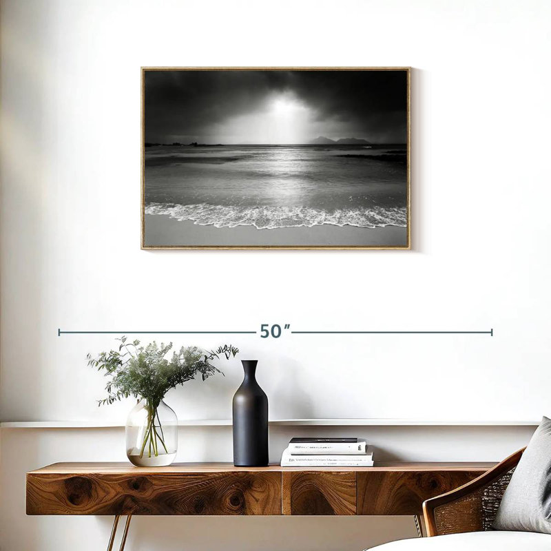Plage noire et blanche, Cadre flottant en bois naturel, 31 po x 21 po