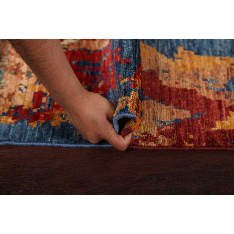 Tapis en laine fabriqué à la main à motif végétal abstrait bleu 4 x 5