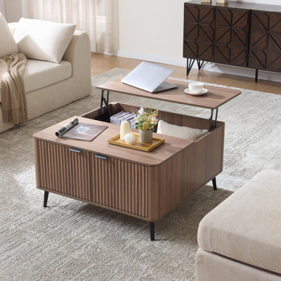  35" Organic Modern Lift Top Coffee Table with Hidden Storage, Rounded Fluted Wood Coffee Table with Soft-Close Cabinet for Living Room
