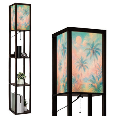 Lampe sur pied DEL à intensité variable, motif pastel tropical avec palmiers et clair de lune, structure en MDF, télécommande, 3 couleurs d'éclairage, idéal pour le salon ou la chambre.