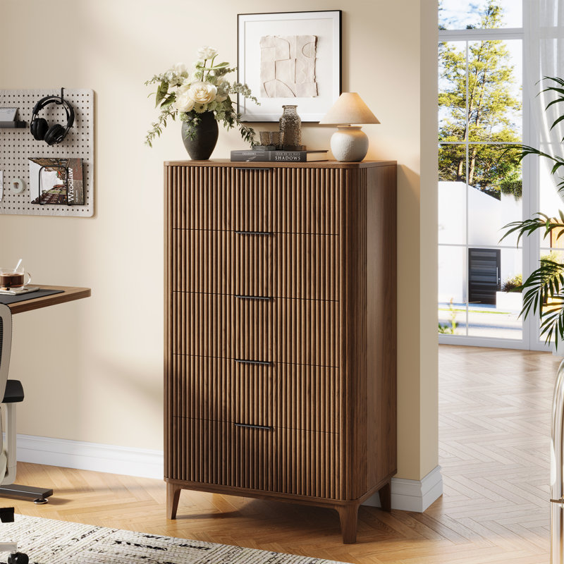 45" Fluted Design 5-drawers Dresser Organizer, Tall Chest Of Drawers, Walnut
