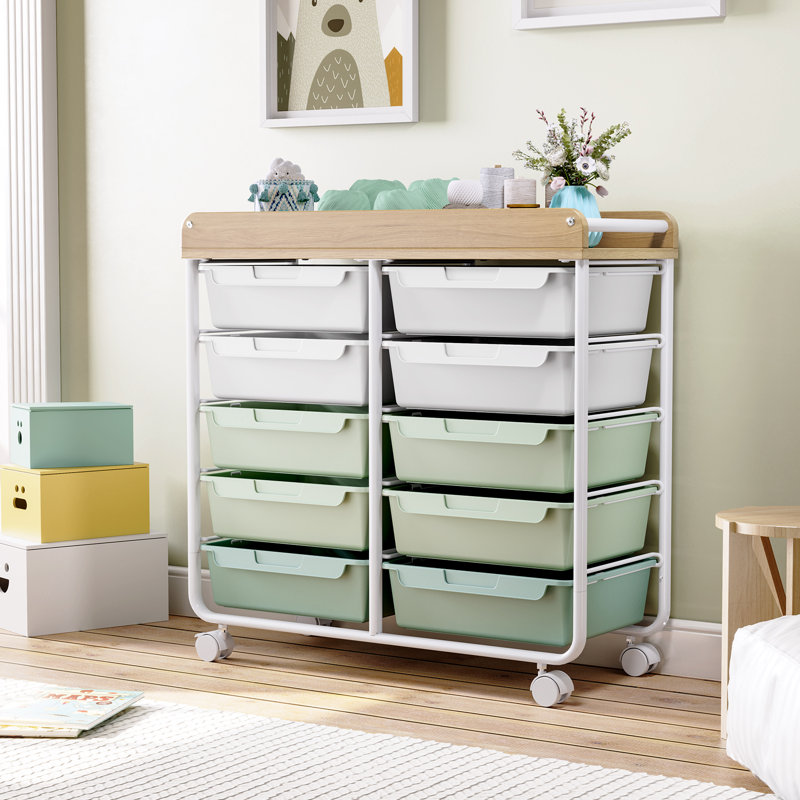Metal Rolling Cart with Wheels，Rolling Storage Cart with 10 Large Drawers, Utility Cart with Wooden TableTop, Green