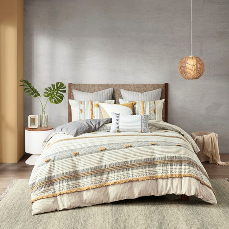 Stylish 100% Pure Cotton Duvet Cover With Shams Solid Grey Reverse, Full Duvet Cover + 2 Additional Pieces