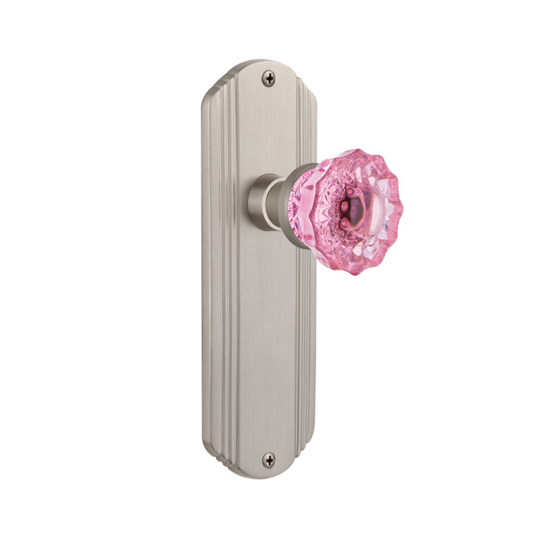 Bouton de porte de mortaise intérieure en cristal rose avec plaque longue décorative, Nickel satiné, 2 1/4
