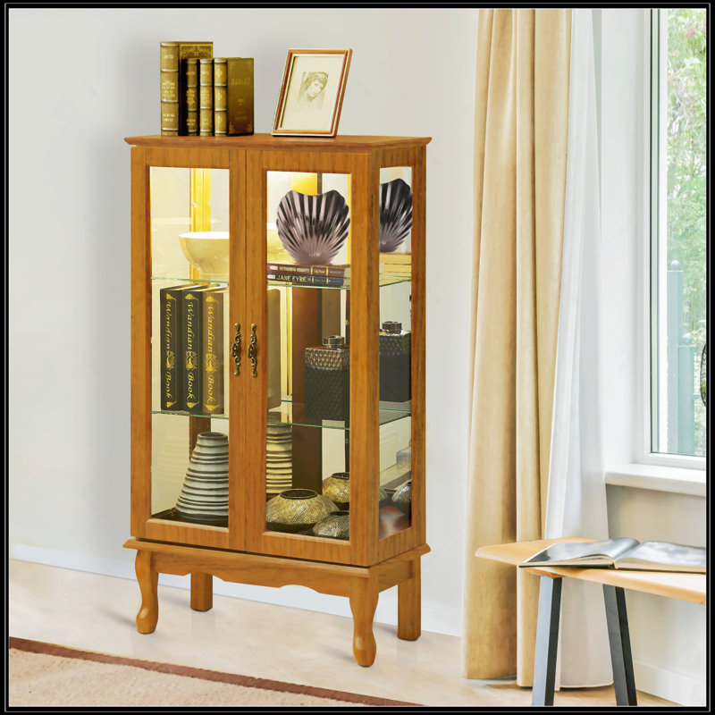 Cabinet Curio avec tablettes réglables et panneau arrière en miroir, Oak