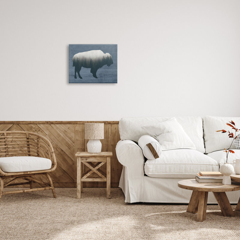 " Rustic Bison Shape Silhouette Forest Trees Pattern " by Lettered And Lined, 16" H x 20" W x 1.5" D, Wrapped Canvas