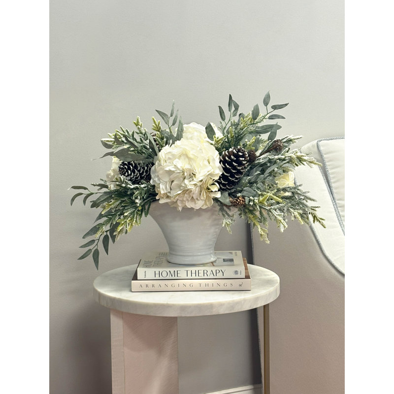 Holiday Arrangement with Sage, Hydrangeas and Pinecones