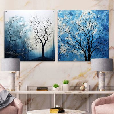 Minimalisme, arbre bleu, paysage, arbres, acrylique, ensemble d'art sur verre, ensemble de 2