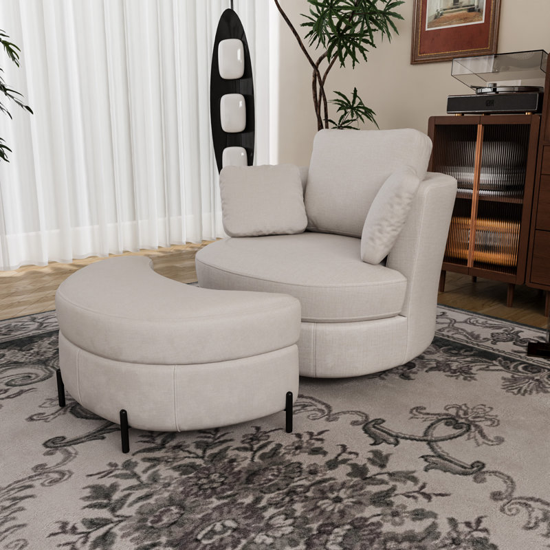 Modern Oversized Upholstered Swivel Barrel Chair With Storage Ottoman, Beige Chenille