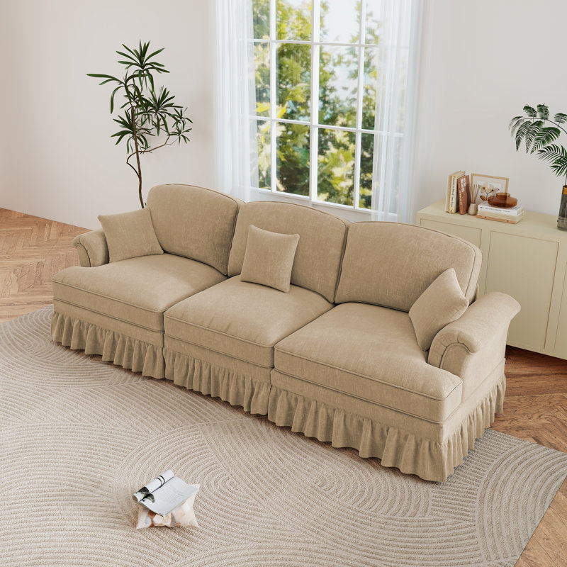 Mid Century Upholstered Loveseat,Three Seater Sofa Couch With Flared Arms And Removable Ruffles Pleats Skirts, Light Coffee