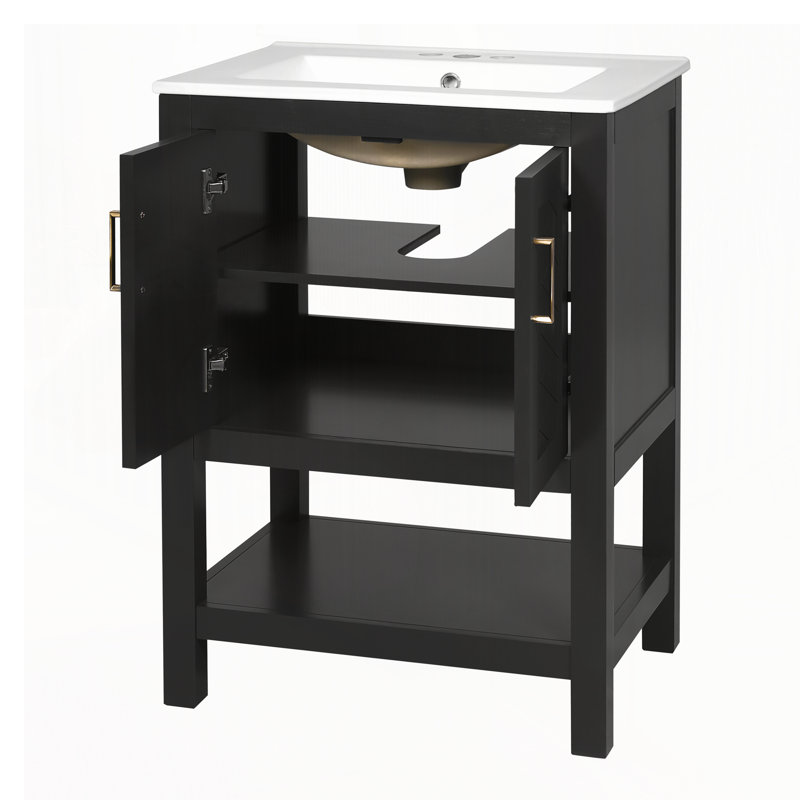 Meuble-lavabo moderne de 24 po au design sergé élégant avec charnières à fermeture en douceur, armoire de salle de bain avec structure ouverte au dos, tablette réglable
