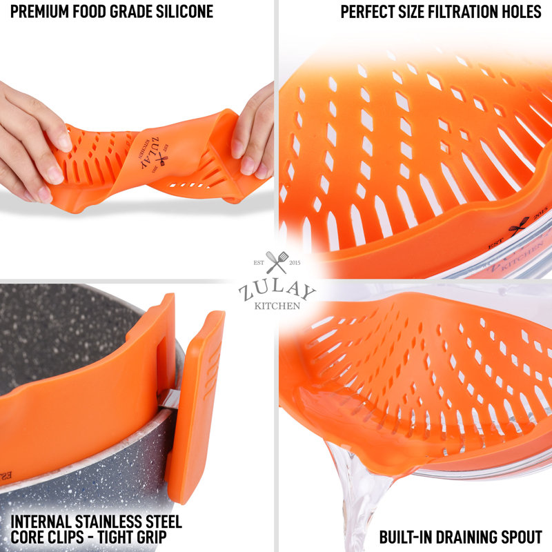 Zulay Kitchen Silicone Strainer with Clips, Orange