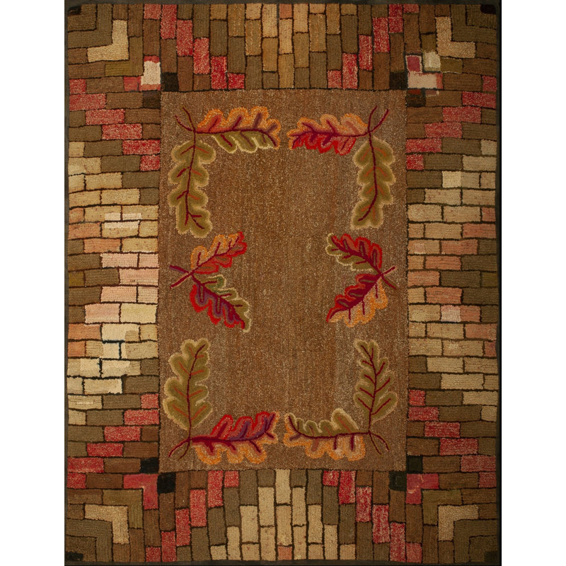 Antique Earthy Solid Open Field Layered Brick Design Border American Folk Art Hooked Rug