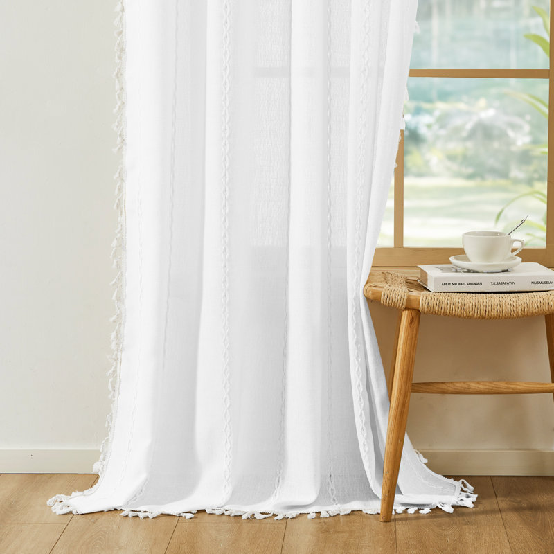 Semi Sheer Rod Pocket Curtain Panel with Tassel Fringe – Faux Linen Textured, Light Filtering, 1 Panel, White, 52" W x 54" L