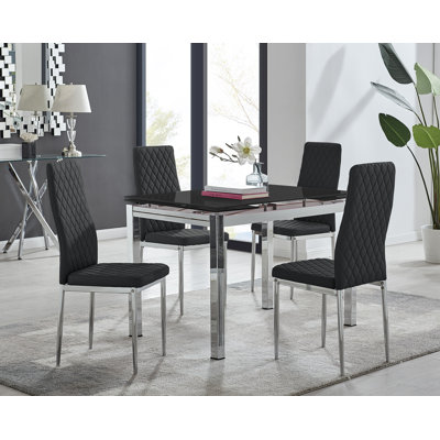 Tierra Modern Glass & Metal Extendable Dining Table Set & 4 Luxury Faux Leather Dining Chairs