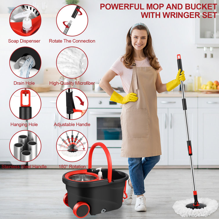 Spin Mop and Bucket Set, Stainless Steel Mop Bucket with Wringer,  Microfiber Spin Mop Bucket with Wheels, 3 Mop Refills, 61 Telescoping  Handle, Black & Red 