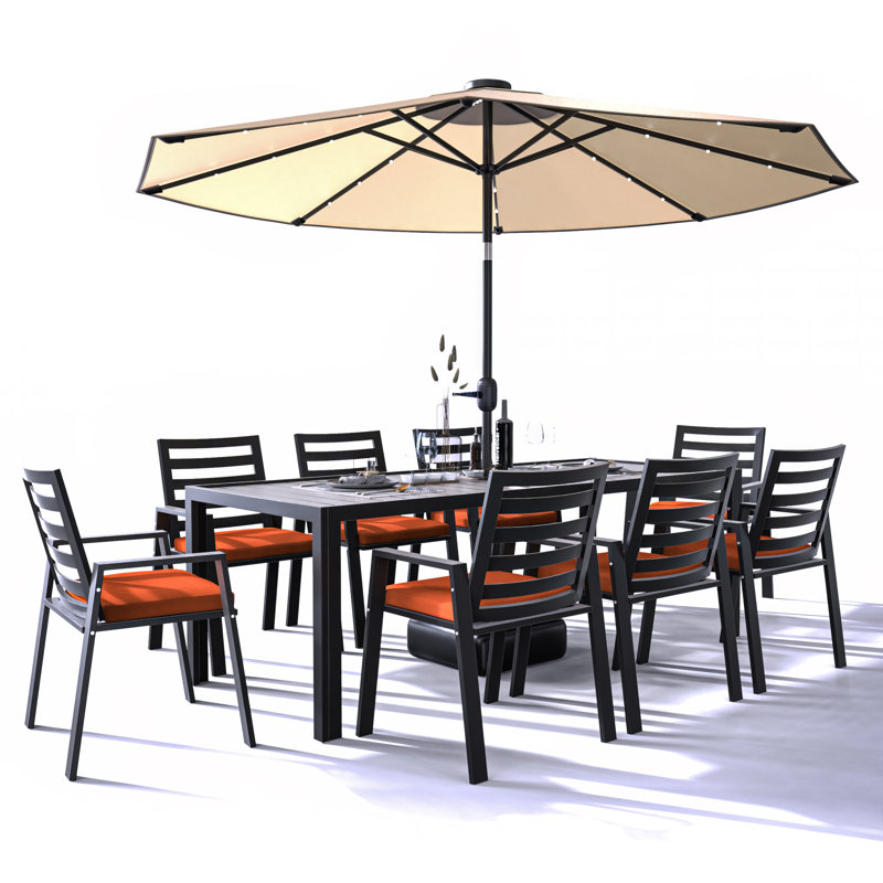 Table de salle à manger rectangulaire d'extérieur à lattes et 8 chaises en aluminium Letendre, Rouge cerise